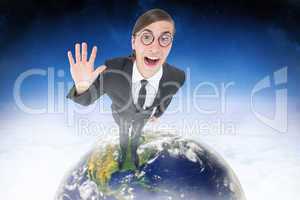 Composite image of geeky businessman waving at camera