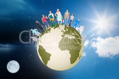 Composite image of people standing on earth