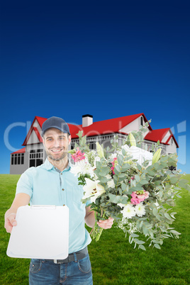 Composite image of flower delivery man showing clipboard