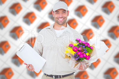 Composite image of happy flower delivery man holding clipboard