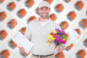 Composite image of happy flower delivery man holding clipboard