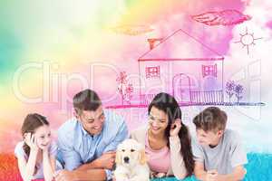 Composite image of family looking at puppy while lying