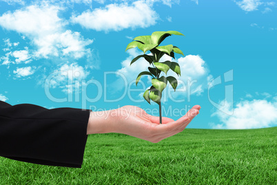 Composite image of businesswomans hand presenting