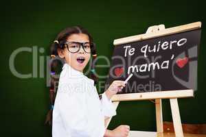 Composite image of cute pupil with chalkboard