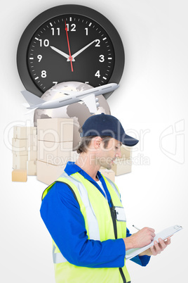Composite image of supervisor writing notes on clipboard