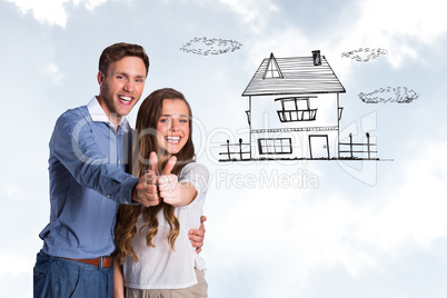 Composite image of happy couple gesturing thumbs up