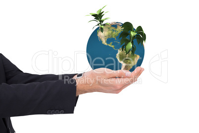 Composite image of businessman with arms out presenting somethin