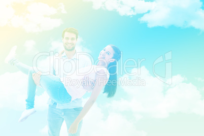 Composite image of attractive young couple having fun