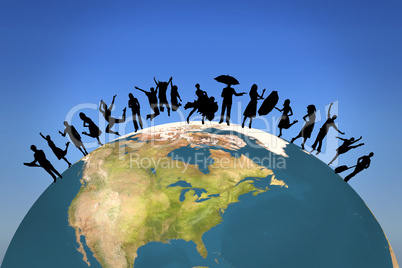 Composite image of silhouette of family jumping