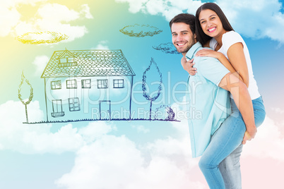 Composite image of happy casual man giving pretty girlfriend pig