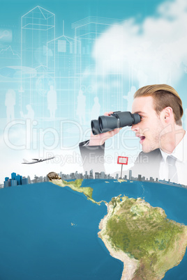 Composite image of surprised businessman looking through binocul