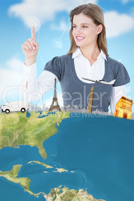 Composite image of smiling woman pointing something with her fin