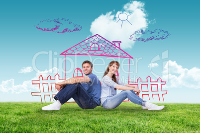 Composite image of couple both sitting on floor