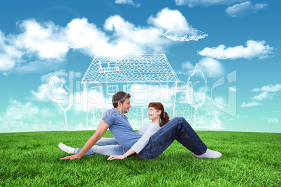 Composite image of couple sitting on the floor