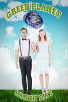 Composite image of geeky hipster couple hands in hands looking a