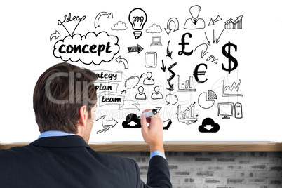 Composite image of rear view of businessman standing and writing