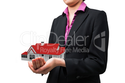 Composite image of businesswomans holding hands out