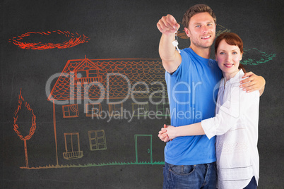 Composite image of couple holding keys to home