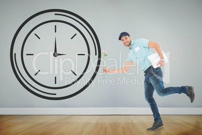 Composite image of flower delivery man running on white backgrou