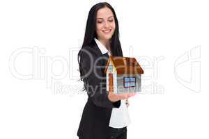 Composite image of pretty businesswoman presenting with hand