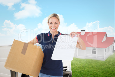 Composite image of happy delivery woman holding cardboard box an