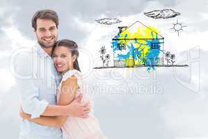 Composite image of attractive young couple hugging and smiling a