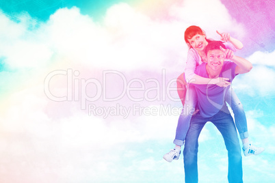 Composite image of man giving girl a piggy back