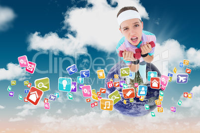 Composite image of hipster girl lifting dumbbells