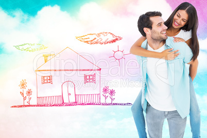 Composite image of happy casual man giving pretty girlfriend pig