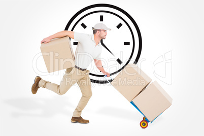 Composite image of delivery man with trolley of boxes running