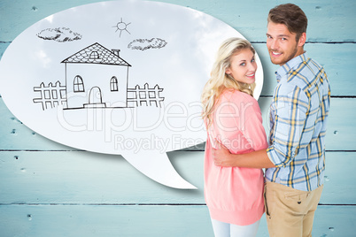 Composite image of attractive couple turning and smiling at came