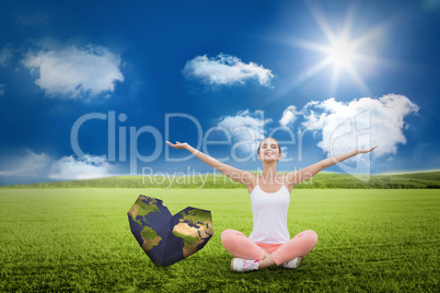 Composite image of woman sitting with arms raised