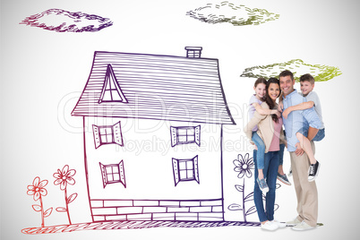 Composite image of parents giving piggyback ride to children ove