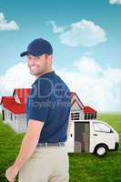 Composite image of happy delivery man wearing baseball cap