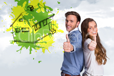 Composite image of happy young couple gesturing thumbs up