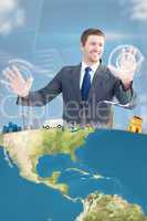 Composite image of smiling businessman with hands up