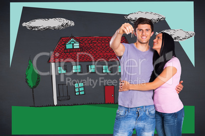 Composite image of young couple showing keys to house