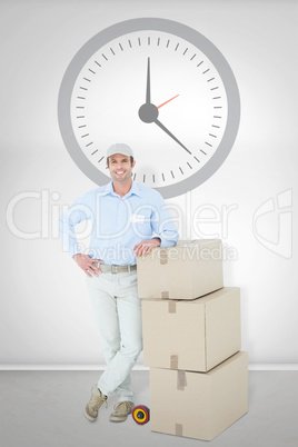 Composite image of confident delivery man leaning on stacked car