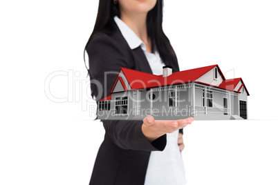 Composite image of pretty businesswoman presenting with hand