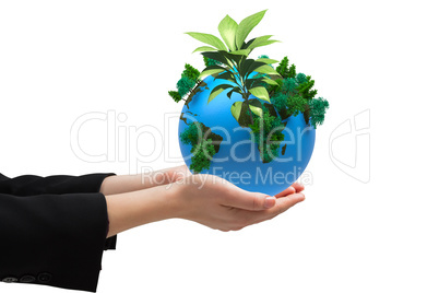 Composite image of businesswomans hands presenting