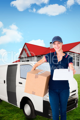 Composite image of happy delivery woman holding cardboard box an