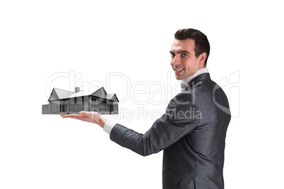Composite image of businessman presenting with hand