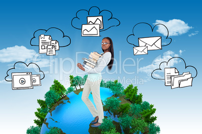 Composite image of side view of young woman carrying a pile of b