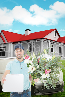 Composite image of flower delivery man showing clipboard