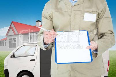 Composite image of delivery man showing blank paper on clipboard