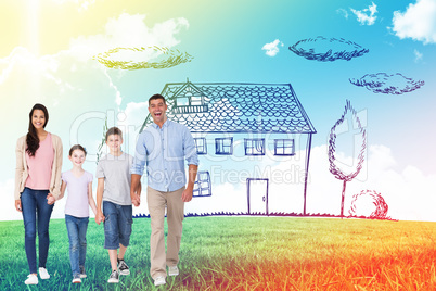 Composite image of portrait of happy family walking over white b