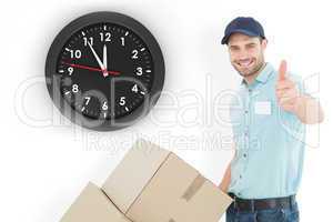 Composite image of delivery man with cardboard boxes gesturing t