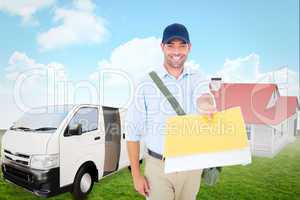 Composite image of happy postman delivering letter on white back