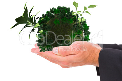 Composite image of businessman holding his hands out