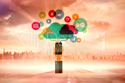 Composite image of man using smartphone for apps